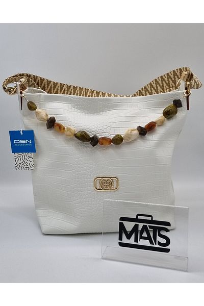 DSN Crocodile Faux Leather Natural Stone Shoulder Bag White