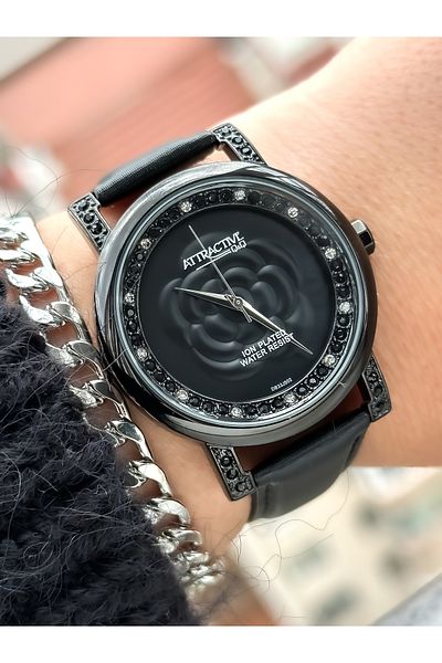 Q&Q Brand Black Leather Band Women's Wristwatch + Bracelet