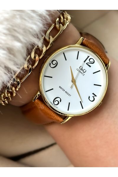 Q&Q Brand BROWN Leather Strap Women's Wristwatch + Bracelet