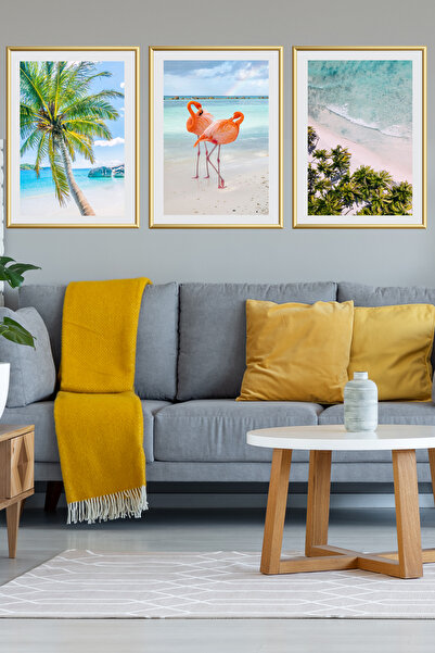 Linacci Set de 3 tablouri din sticlă metalică Summer Flemingo, înrămate