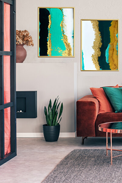 Linacci Set de picturi cu rame decorative din sticlă cu model de marmură albastră din aluminiu dublu