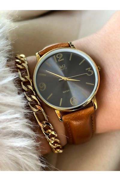 Q&Q Brand BROWN Leather Strap Women's Wristwatch + Bracelet