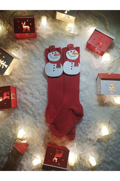 Elzem Red Knee Socks with Snowman Figure Baby Girl Socks / Girl Child