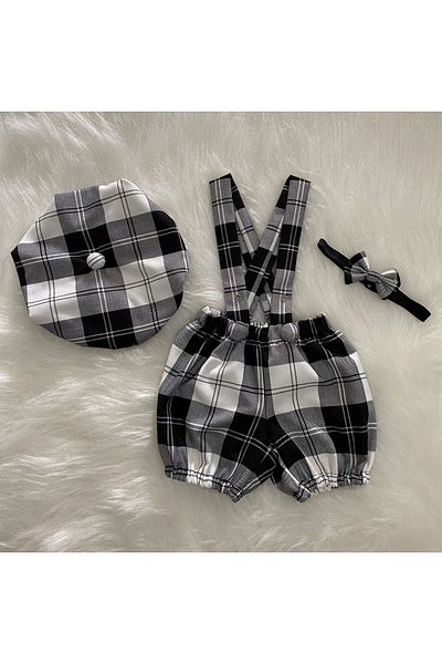 Eylülce Butik BLACK PLAIDED CHILDREN'S STRAP SHORTS SALOPET & RESSAM HAT & BOW TIE SET - CAKE BUMPER- BIRTHDAY