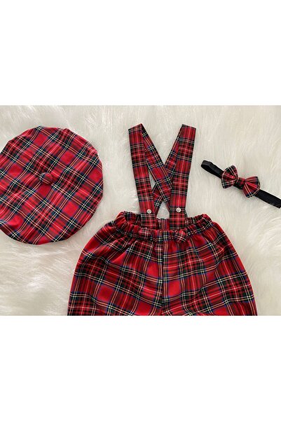 Eylülce Butik RED PLAIDED CHILDREN'S STRAP SHORTS SALOPET & RESSAM HAT & BOW TIE SET-