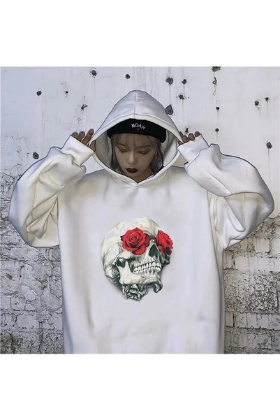 Gofeel Rose Eyed Skull Λευκό φούτερ με κουκούλα, oversized, με τύπωμα EZA