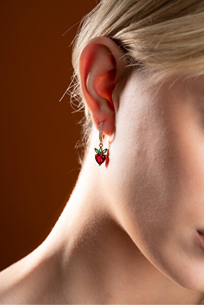 Nereze 925 Ayar Gümüş Rose Kaplama Sallantılı Kırmızı Taşlı Çilek Küpe