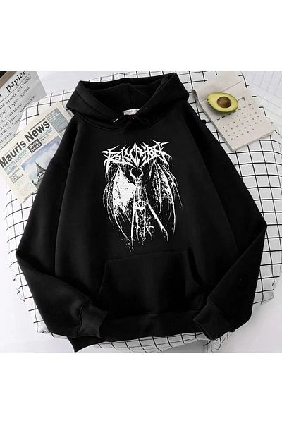Gofeel Unisex Anime Winged Harajuku Skeleton Hooded Black and White Sweatshirt Eza