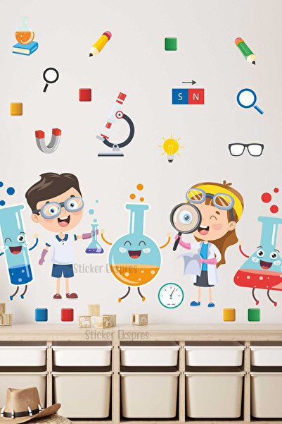 Sticker Ekspres Sevimli Deney Tüpleri Ve Çocuklar Anaokulu Okul Çocuk Odası K...