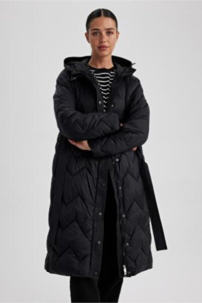 DeFacto Vodotěsná prošívaná dlouhá tenká parka s kapucí Relax Fit