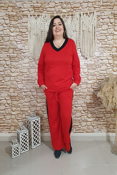 xlargebutik Plus Size Clothing Red Black Two Thread Stretchy Fabric Suit