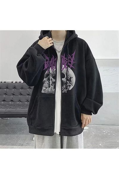 Gofeel GOFEEL Y2k Deathless Skull Printed - Unisex Oversize Μαύρη ζακέτα με κουκούλα