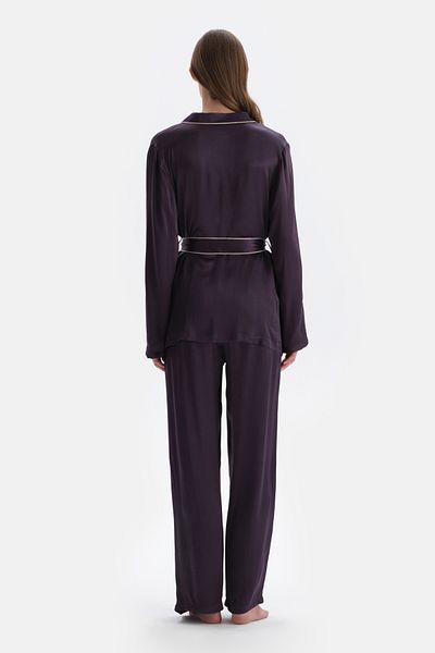 Dagi Purple Shirt Collar Tie Detailed Satin Pajama Top