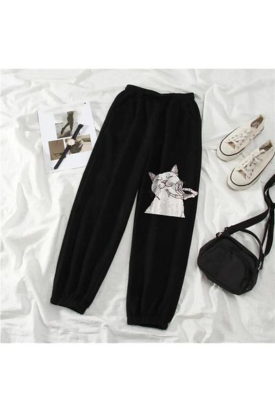 Gofeel Harajuku Cat & Skeleton Hand Printed Oversize Unisex Black Sweatpants Tech Street