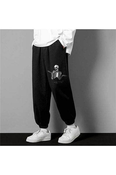 Gofeel Harajuku Gothic Confused Skeleton Printed Oversize Unisex Black Sweatpants Tech Street