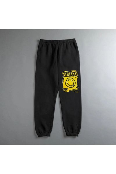Gofeel Harajuku Rock Series Nirvana Smile Printed Oversize Unisex Black Sweatpants Tech Street