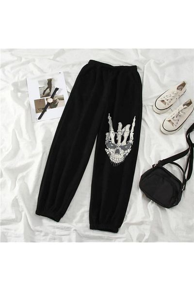 Gofeel Harajuku Gothic Skull Hand Printed Oversize Unisex Black Sweatpants Tech Street