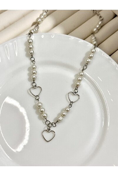 sleyshop Krem Rengi Cam Inci Kalp Kolye