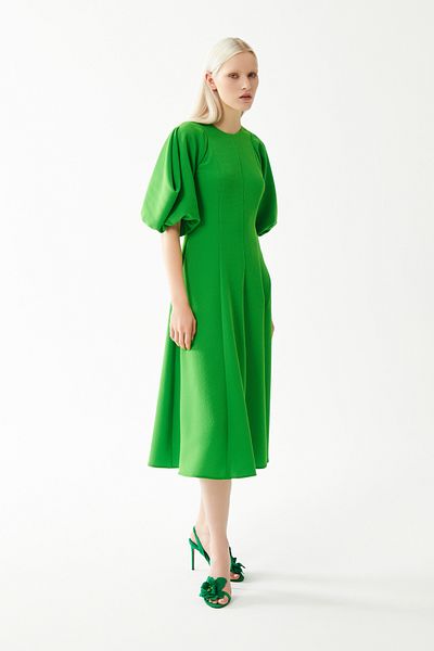 Jus De Pommes GREEN BALLOON SLEEVES PLEATED MIDI DRESS