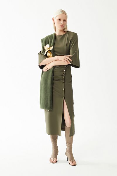 Jus De Pommes KHAKI DRAPELY SHORT SLEEVE SLITCHED MIDI DRESS