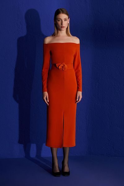 Jus De Pommes ORANGE MADONNA COLLAR FRONT SLIT MIDI SIZE DRESS