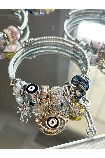 Snartun Navy Blue Steel Bracelet - with Evil Eye and Key Charm, Adjustable Charm, Special Box