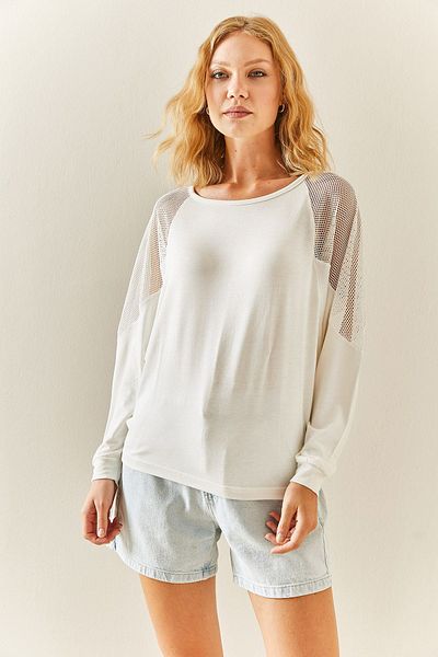 XHAN White Crew Neck Mesh Detailed Blouse 3YXK4-47546-01