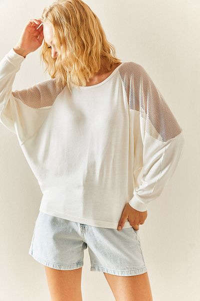 XHAN White Crew Neck Mesh Detailed Blouse 3YXK4-47546-01