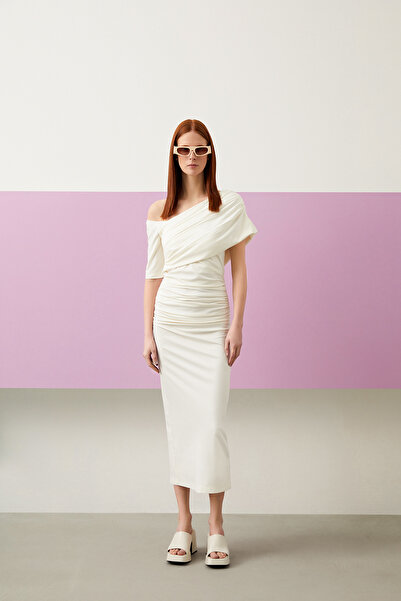 Jus De Pommes EKRU DRAPELİ KISA KOLLU MİDİ BOY ELBİSE