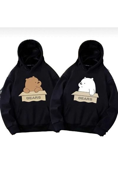 Pisa Art Φούτερ με κουκούλα Unisex Black Double Bears με στάμπα Lover Couple Hoodie