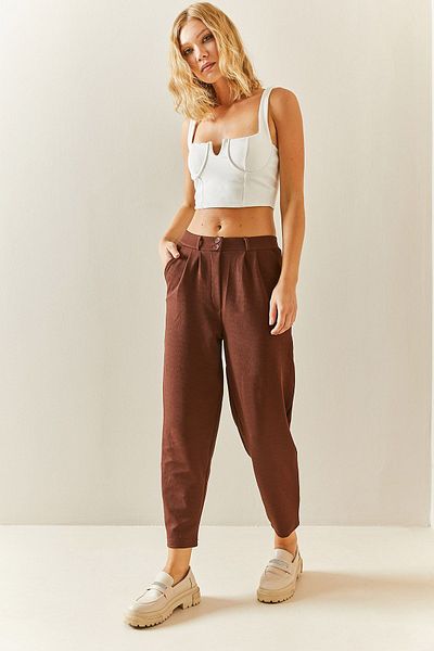 XHAN Braune, lockere Hose mit Abnähernähten 3YXK5-47561-18