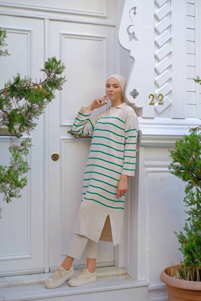 She Olive tunica hijab cu dungi -rochie - bej