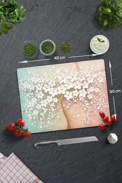 Decorita Glass Cutting Board - Glass Cutting Board |   White Flower - Colorful |   30cm X 40cm