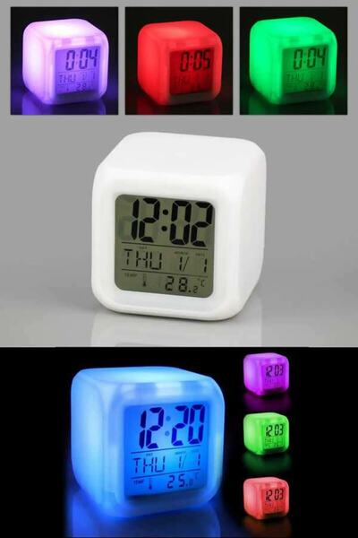 MOBEE 7 Renk Değiştiren Alarmlı Dijital Küp Masa Saati Işıklı Led Saat