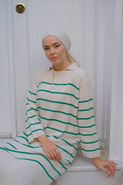 She Olive striped hijab tunic -dress - beige