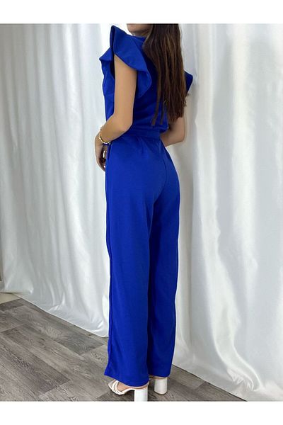 Secret Passion Lingerie Salopetă de seară lungă din țesătură creponată flexibilă albastră, cu mâneci cu volan, buzunare și centură 582183 705