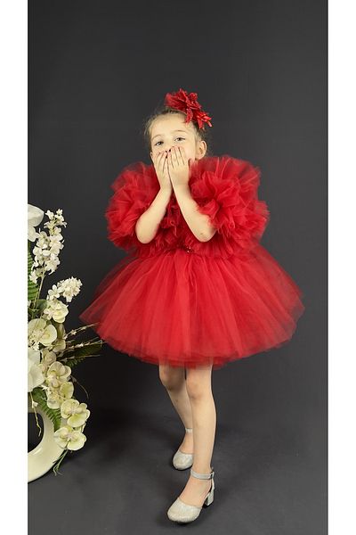 Delfini kids Robă din șifon, mânecă cu pompon, fustă crinolină pentru fetiță cu paiete, rochie de seară tutu