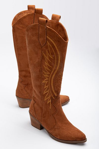 DENORA Μπότες Tan Cinnamon Matte Suede Κεντημένες Western Cowboy Cowgirl Boots