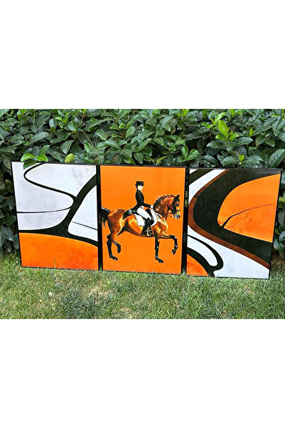 Linacci Üçlü Siyah Alüminyum Metal Çerçeve Turuncu At Siyah Camlı Poster Tablo Seti