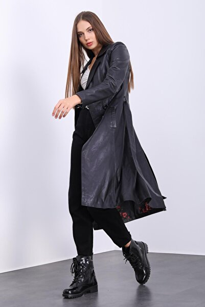 Deri Effect Kadın Siyah Hakiki Deri Trençkot