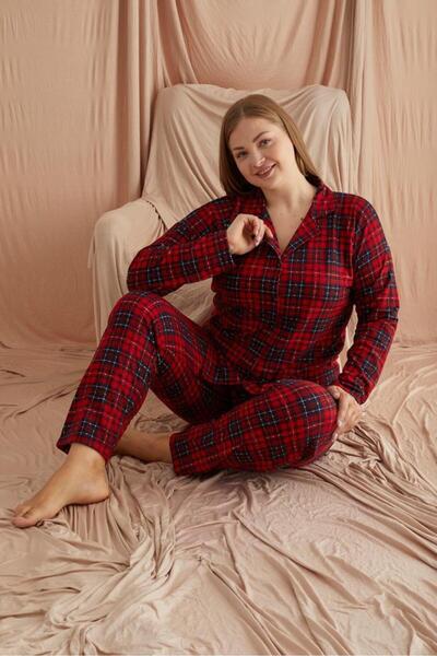 Temporium Women's Winter Plus Size Red Plaid Buttoned Long Sleeve Suede Pajama Set