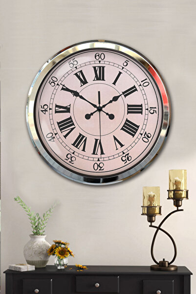 Platin Saat 52 Cm Krom Metal Duvar Saati