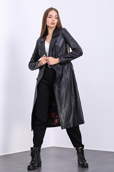 Deri Effect Kadın Siyah Hakiki Deri Trençkot