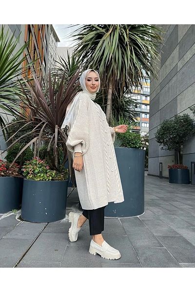 Kirazgym Women's Long Hair Knitted Balloon Sleeve Cardigan