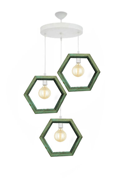 Evimdesign Country Yeşil Boyalı Ahşap 3 lü Sedef Avize Beyaz