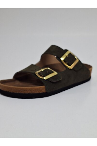 Bequemere Yellow Buckle Double Banded Genuine Suede Leather Daily Use Orthopedic Unisex Slippers