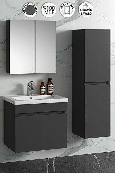 ÖZCEDEN Çiğdem 55+35 cm Antrasit Gri Mat MDF Seramik Lavabolu Asma Banyo Dolabı Takımı