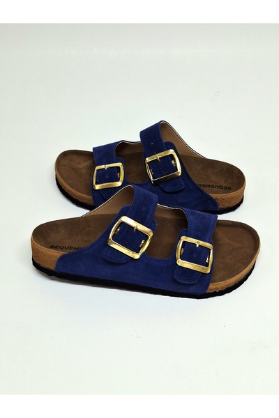 Bequemere Yellow Buckle Double Banded Genuine Suede Leather Daily Use Orthopedic Unisex Slippers