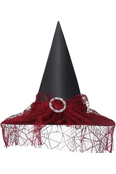 kidspartim Peçeli Cadı Şapkası Kadife Tüllü Tokalı Kırmızı