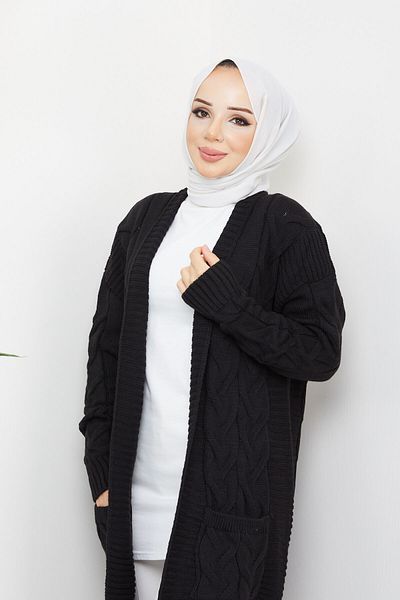 Pamuk Butik Γυναικεία Πλεκτά Πλεκτά Ζακέτα Μαύρη με τσέπες